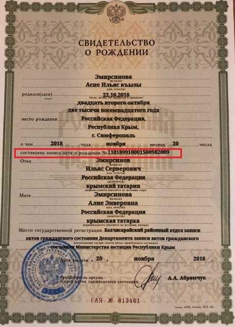 Где находится актовая запись в свидетельстве о рождении