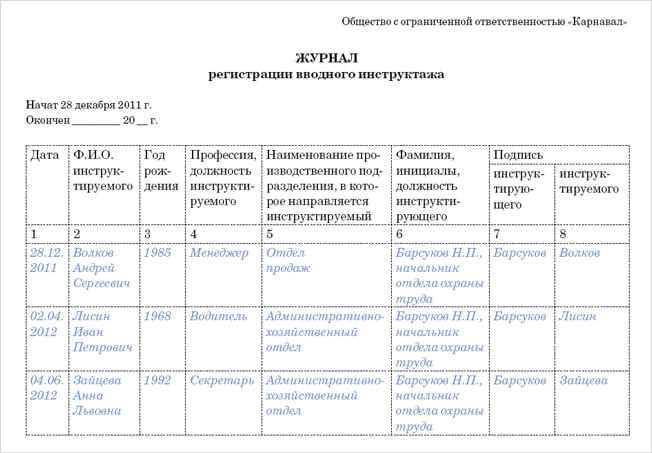 Сроки внесения записей в журнал при приёме нового сотрудника