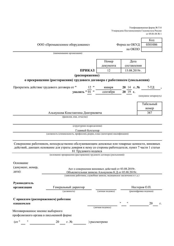 Как оформить приказ об увольнении за утрату доверия